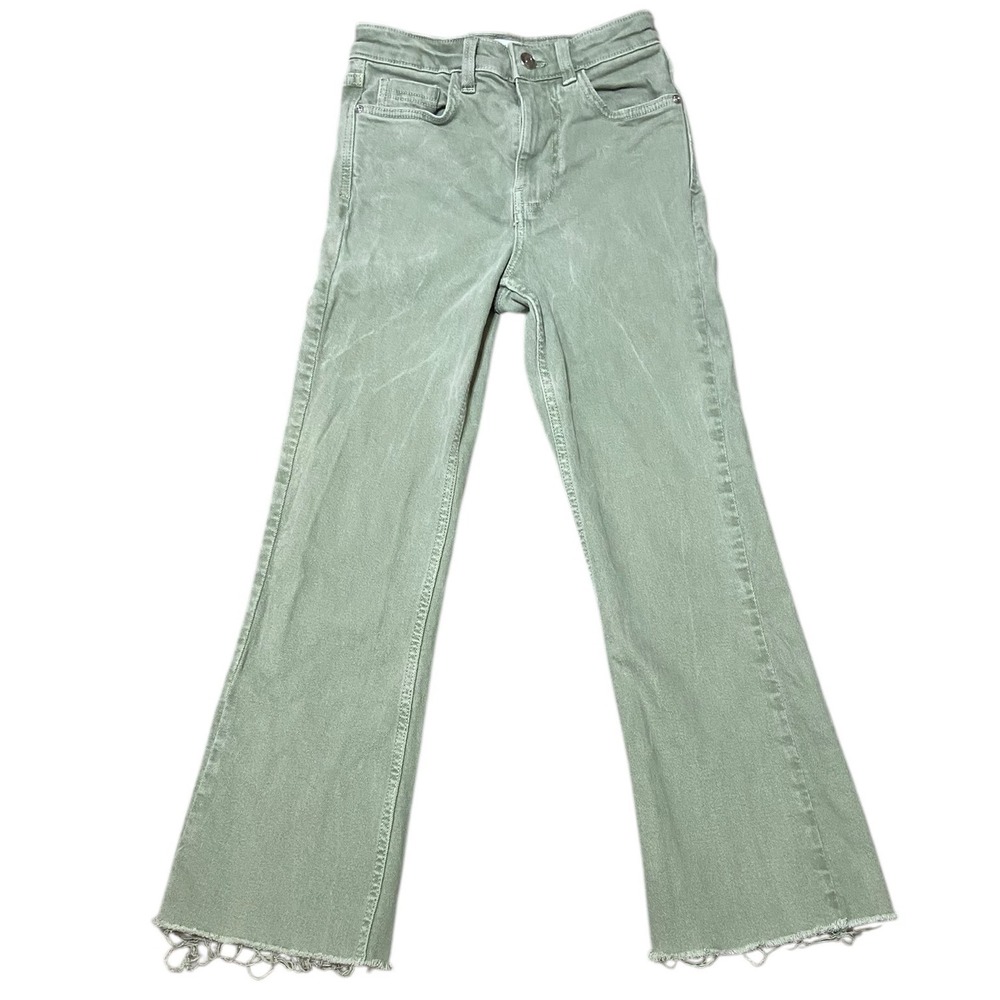 Zara High Rise Flare Jeans Sage Green Raw Hem Stretch Denim Boho Indie Size 2